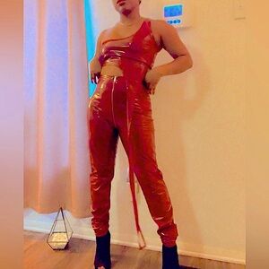 Red latex pants set